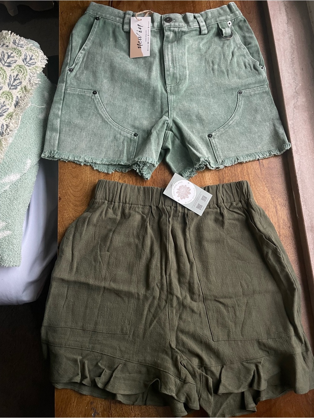 Very J Sage Green Denim Utility Shorts and olive green flowy shorts bundle